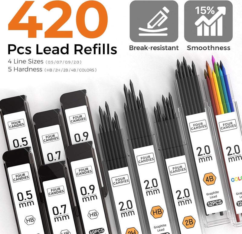 Four Candies Metal Mechanical Pencil Set, 3PCS Art Drafting Pencils 0.5, 0.7, 0.9MM & 2PCS 2MM Mechanical Drawing Pencils with 420PCS Leads (4B 2B HB 2H Color) for Writing Sketching Drawing (Black) - Image 4